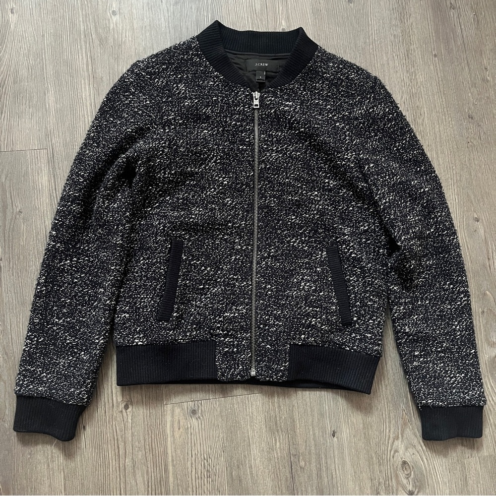 J. Crew black and white bouclé tweed bomber jacket